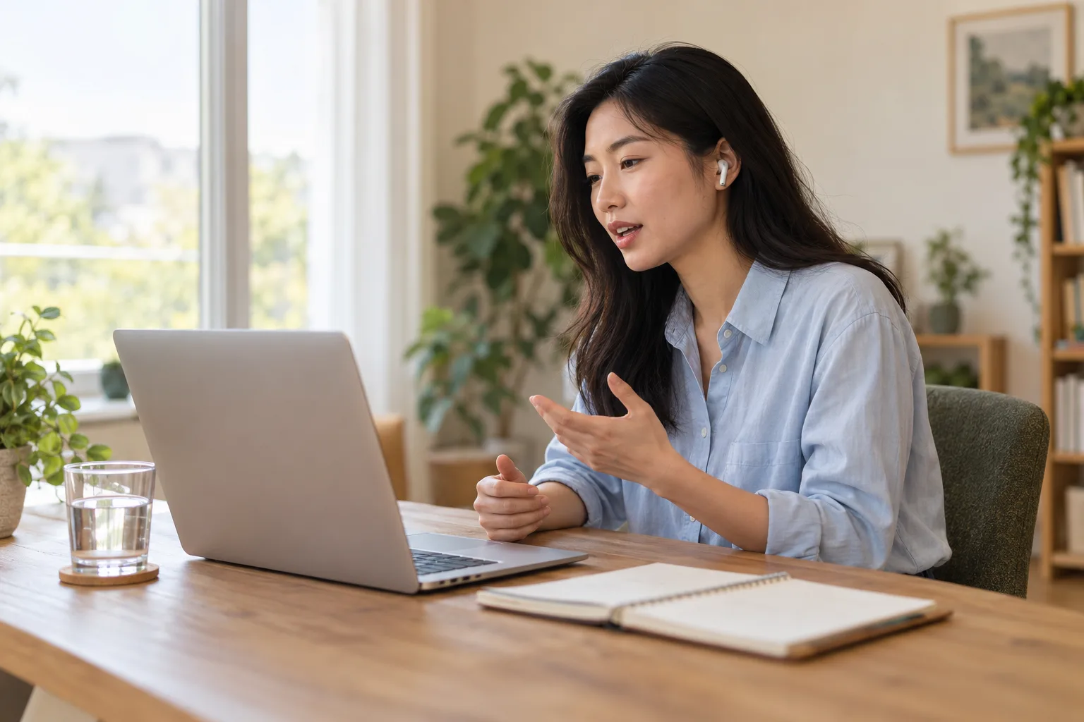A woman practising an interview out loud at her laptop at home